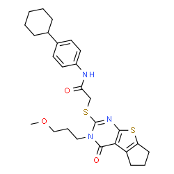 ChemSpider 2D Image | N-(4-Cyclohexylphenyl)-2-{[3-(3-methoxypropyl)-4-oxo-3,5,6,7-tetrahydro-4H-cyclopenta[4,5]thieno[2,3-d]pyrimidin-2-yl]sulfanyl}acetamide | C27H33N3O3S2