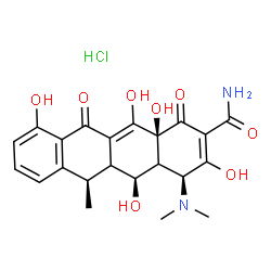 ChemSpider 2D Image | (4S,5S,6R,12aS)-4-(Dimethylamino)-3,5,10,12,12a-pentahydroxy-6-methyl-1,11-dioxo-1,4,4a,5,5a,6,11,12a-octahydro-2-tetracenecarboxamide hydrochloride (1:1) | C22H25ClN2O8
