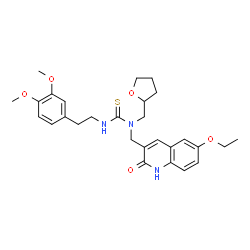 ChemSpider 2D Image | 3-[2-(3,4-Dimethoxyphenyl)ethyl]-1-[(6-ethoxy-2-oxo-1,2-dihydro-3-quinolinyl)methyl]-1-(tetrahydro-2-furanylmethyl)thiourea | C28H35N3O5S