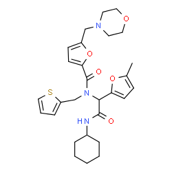ChemSpider 2D Image | N-[2-(Cyclohexylamino)-1-(5-methyl-2-furyl)-2-oxoethyl]-5-(4-morpholinylmethyl)-N-(2-thienylmethyl)-2-furamide | C28H35N3O5S