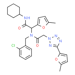 ChemSpider 2D Image | N-(2-Chlorobenzyl)-N-[2-(cyclohexylamino)-1-(5-methyl-2-furyl)-2-oxoethyl]-2-[5-(5-methyl-2-furyl)-2H-tetrazol-2-yl]acetamide | C28H31ClN6O4