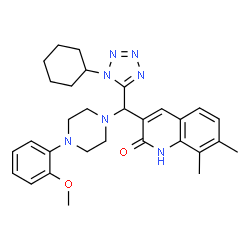 ChemSpider 2D Image | 3-{(1-Cyclohexyl-1H-tetrazol-5-yl)[4-(2-methoxyphenyl)-1-piperazinyl]methyl}-7,8-dimethyl-2(1H)-quinolinone | C30H37N7O2
