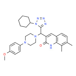 ChemSpider 2D Image | 3-{(1-Cyclohexyl-1H-tetrazol-5-yl)[4-(4-methoxyphenyl)-1-piperazinyl]methyl}-7,8-dimethyl-2(1H)-quinolinone | C30H37N7O2