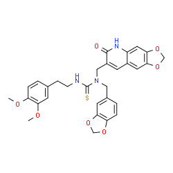 ChemSpider 2D Image | 1-(1,3-Benzodioxol-5-ylmethyl)-3-[2-(3,4-dimethoxyphenyl)ethyl]-1-[(6-oxo-5,6-dihydro[1,3]dioxolo[4,5-g]quinolin-7-yl)methyl]thiourea | C30H29N3O7S