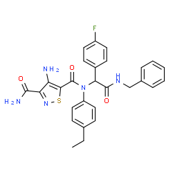 ChemSpider 2D Image | 4-Amino-N~5~-[2-(benzylamino)-1-(4-fluorophenyl)-2-oxoethyl]-N~5~-(4-ethylphenyl)-1,2-thiazole-3,5-dicarboxamide | C28H26FN5O3S