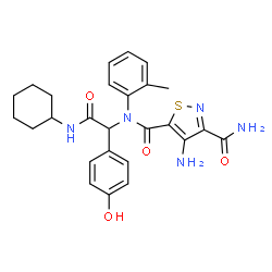 ChemSpider 2D Image | 4-Amino-N~5~-[2-(cyclohexylamino)-1-(4-hydroxyphenyl)-2-oxoethyl]-N~5~-(2-methylphenyl)-1,2-thiazole-3,5-dicarboxamide | C26H29N5O4S