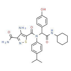 ChemSpider 2D Image | 4-Amino-N~5~-[2-(cyclohexylamino)-1-(4-hydroxyphenyl)-2-oxoethyl]-N~5~-(4-isopropylphenyl)-1,2-thiazole-3,5-dicarboxamide | C28H33N5O4S