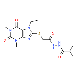 ChemSpider 2D Image | N'-{[(7-Ethyl-1,3-dimethyl-2,6-dioxo-2,3,6,7-tetrahydro-1H-purin-8-yl)sulfanyl]acetyl}-2-methylpropanehydrazide | C15H22N6O4S