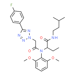 ChemSpider 2D Image | 2-[(2,6-Dimethoxyphenyl){[5-(4-fluorophenyl)-2H-tetrazol-2-yl]acetyl}amino]-N-(3-methylbutyl)butanamide | C26H33FN6O4