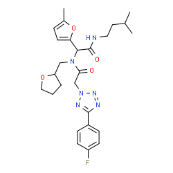 ChemSpider 2D Image | 2-[5-(4-Fluorophenyl)-2H-tetrazol-2-yl]-N-{2-[(3-methylbutyl)amino]-1-(5-methyl-2-furyl)-2-oxoethyl}-N-(tetrahydro-2-furanylmethyl)acetamide | C26H33FN6O4