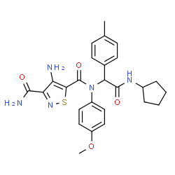 ChemSpider 2D Image | 4-Amino-N~5~-[2-(cyclopentylamino)-1-(4-methylphenyl)-2-oxoethyl]-N~5~-(4-methoxyphenyl)-1,2-thiazole-3,5-dicarboxamide | C26H29N5O4S