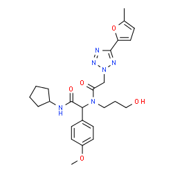 ChemSpider 2D Image | N-[2-(Cyclopentylamino)-1-(4-methoxyphenyl)-2-oxoethyl]-N-(3-hydroxypropyl)-2-[5-(5-methyl-2-furyl)-2H-tetrazol-2-yl]acetamide | C25H32N6O5