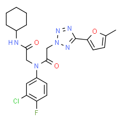 ChemSpider 2D Image | N~2~-(3-Chloro-4-fluorophenyl)-N-cyclohexyl-N~2~-{[5-(5-methyl-2-furyl)-2H-tetrazol-2-yl]acetyl}glycinamide | C22H24ClFN6O3