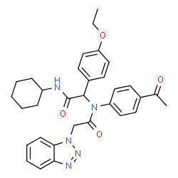 ChemSpider 2D Image | N-(4-Acetylphenyl)-2-(1H-benzotriazol-1-yl)-N-[2-(cyclohexylamino)-1-(4-ethoxyphenyl)-2-oxoethyl]acetamide | C32H35N5O4