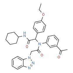 ChemSpider 2D Image | N-(3-Acetylphenyl)-2-(1H-benzotriazol-1-yl)-N-[2-(cyclohexylamino)-1-(4-ethoxyphenyl)-2-oxoethyl]acetamide | C32H35N5O4
