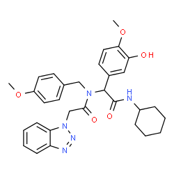 ChemSpider 2D Image | 2-(1H-Benzotriazol-1-yl)-N-[2-(cyclohexylamino)-1-(3-hydroxy-4-methoxyphenyl)-2-oxoethyl]-N-(4-methoxybenzyl)acetamide | C31H35N5O5