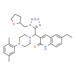 ChemSpider 2D Image | 3-{[4-(2,5-Dimethylphenyl)-1-piperazinyl][1-(tetrahydro-2-furanylmethyl)-1H-tetrazol-5-yl]methyl}-6-ethyl-2(1H)-quinolinone | C30H37N7O2