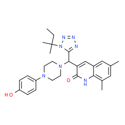 ChemSpider 2D Image | 3-{[4-(4-Hydroxyphenyl)-1-piperazinyl][1-(2-methyl-2-butanyl)-1H-tetrazol-5-yl]methyl}-6,8-dimethyl-2(1H)-quinolinone | C28H35N7O2
