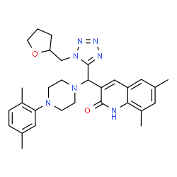 ChemSpider 2D Image | 3-{[4-(2,5-Dimethylphenyl)-1-piperazinyl][1-(tetrahydro-2-furanylmethyl)-1H-tetrazol-5-yl]methyl}-6,8-dimethyl-2(1H)-quinolinone | C30H37N7O2