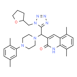 ChemSpider 2D Image | 3-{[4-(2,5-Dimethylphenyl)-1-piperazinyl][1-(tetrahydro-2-furanylmethyl)-1H-tetrazol-5-yl]methyl}-5,8-dimethyl-2(1H)-quinolinone | C30H37N7O2