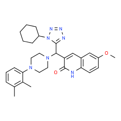 ChemSpider 2D Image | 3-{(1-Cyclohexyl-1H-tetrazol-5-yl)[4-(2,3-dimethylphenyl)-1-piperazinyl]methyl}-6-methoxy-2(1H)-quinolinone | C30H37N7O2