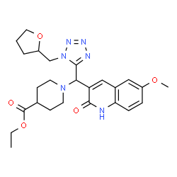 ChemSpider 2D Image | Ethyl 1-{(6-methoxy-2-oxo-1,2-dihydro-3-quinolinyl)[1-(tetrahydro-2-furanylmethyl)-1H-tetrazol-5-yl]methyl}-4-piperidinecarboxylate | C25H32N6O5