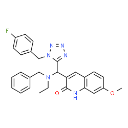 ChemSpider 2D Image | 3-{[Benzyl(ethyl)amino][1-(4-fluorobenzyl)-1H-tetrazol-5-yl]methyl}-7-methoxy-2(1H)-quinolinone | C28H27FN6O2
