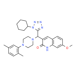 ChemSpider 2D Image | 3-{(1-Cyclohexyl-1H-tetrazol-5-yl)[4-(2,5-dimethylphenyl)-1-piperazinyl]methyl}-7-methoxy-2(1H)-quinolinone | C30H37N7O2