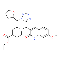 ChemSpider 2D Image | Ethyl 1-{(7-methoxy-2-oxo-1,2-dihydro-3-quinolinyl)[1-(tetrahydro-2-furanylmethyl)-1H-tetrazol-5-yl]methyl}-4-piperidinecarboxylate | C25H32N6O5