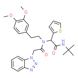 ChemSpider 2D Image | 2-(1H-Benzotriazol-1-yl)-N-[2-(3,4-dimethoxyphenyl)ethyl]-N-{2-[(2-methyl-2-propanyl)amino]-2-oxo-1-(2-thienyl)ethyl}acetamide | C28H33N5O4S