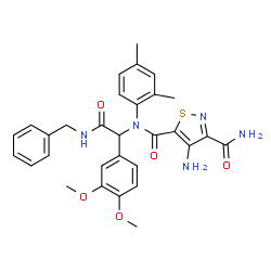 ChemSpider 2D Image | 4-Amino-N~5~-[2-(benzylamino)-1-(3,4-dimethoxyphenyl)-2-oxoethyl]-N~5~-(2,4-dimethylphenyl)-1,2-thiazole-3,5-dicarboxamide | C30H31N5O5S