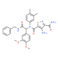 ChemSpider 2D Image | 4-Amino-N~5~-[2-(benzylamino)-1-(3,4-dimethoxyphenyl)-2-oxoethyl]-N~5~-(3,4-dimethylphenyl)-1,2-thiazole-3,5-dicarboxamide | C30H31N5O5S