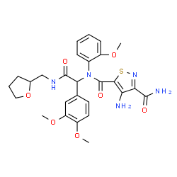 ChemSpider 2D Image | 4-Amino-N~5~-{1-(3,4-dimethoxyphenyl)-2-oxo-2-[(tetrahydro-2-furanylmethyl)amino]ethyl}-N~5~-(2-methoxyphenyl)-1,2-thiazole-3,5-dicarboxamide | C27H31N5O7S