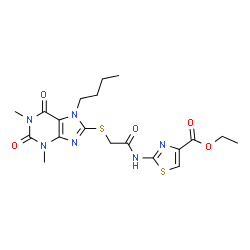 ChemSpider 2D Image | Ethyl 2-({[(7-butyl-1,3-dimethyl-2,6-dioxo-2,3,6,7-tetrahydro-1H-purin-8-yl)sulfanyl]acetyl}amino)-1,3-thiazole-4-carboxylate | C19H24N6O5S2