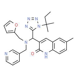 ChemSpider 2D Image | 3-{[(2-Furylmethyl)(3-pyridinylmethyl)amino][1-(2-methyl-2-butanyl)-1H-tetrazol-5-yl]methyl}-6-methyl-2(1H)-quinolinone | C28H31N7O2