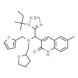 ChemSpider 2D Image | 3-{[(2-Furylmethyl)(tetrahydro-2-furanylmethyl)amino][1-(2-methyl-2-butanyl)-1H-tetrazol-5-yl]methyl}-6-methyl-2(1H)-quinolinone | C27H34N6O3