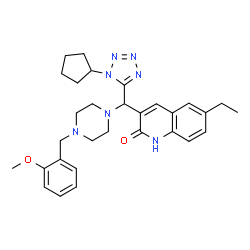 ChemSpider 2D Image | 3-{(1-Cyclopentyl-1H-tetrazol-5-yl)[4-(2-methoxybenzyl)-1-piperazinyl]methyl}-6-ethyl-2(1H)-quinolinone | C30H37N7O2
