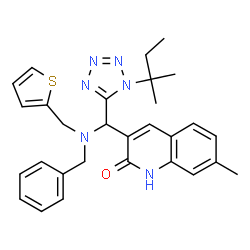 ChemSpider 2D Image | 3-{[Benzyl(2-thienylmethyl)amino][1-(2-methyl-2-butanyl)-1H-tetrazol-5-yl]methyl}-7-methyl-2(1H)-quinolinone | C29H32N6OS
