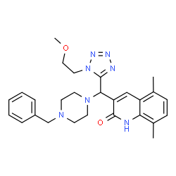 ChemSpider 2D Image | 3-{(4-Benzyl-1-piperazinyl)[1-(2-methoxyethyl)-1H-tetrazol-5-yl]methyl}-5,8-dimethyl-2(1H)-quinolinone | C27H33N7O2