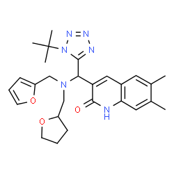 ChemSpider 2D Image | 3-{[(2-Furylmethyl)(tetrahydro-2-furanylmethyl)amino][1-(2-methyl-2-propanyl)-1H-tetrazol-5-yl]methyl}-6,7-dimethyl-2(1H)-quinolinone | C27H34N6O3