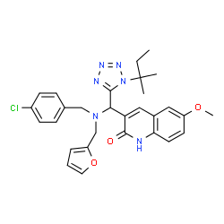 ChemSpider 2D Image | 3-{[(4-Chlorobenzyl)(2-furylmethyl)amino][1-(2-methyl-2-butanyl)-1H-tetrazol-5-yl]methyl}-6-methoxy-2(1H)-quinolinone | C29H31ClN6O3