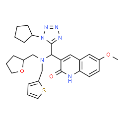 ChemSpider 2D Image | 3-{(1-Cyclopentyl-1H-tetrazol-5-yl)[(tetrahydro-2-furanylmethyl)(2-thienylmethyl)amino]methyl}-6-methoxy-2(1H)-quinolinone | C27H32N6O3S