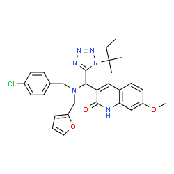 ChemSpider 2D Image | 3-{[(4-Chlorobenzyl)(2-furylmethyl)amino][1-(2-methyl-2-butanyl)-1H-tetrazol-5-yl]methyl}-7-methoxy-2(1H)-quinolinone | C29H31ClN6O3