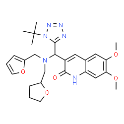 ChemSpider 2D Image | 3-{[(2-Furylmethyl)(tetrahydro-2-furanylmethyl)amino][1-(2-methyl-2-propanyl)-1H-tetrazol-5-yl]methyl}-6,7-dimethoxy-2(1H)-quinolinone | C27H34N6O5