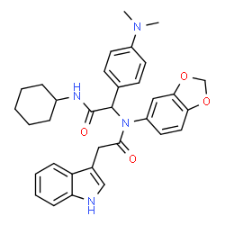 ChemSpider 2D Image | N-(1,3-Benzodioxol-5-yl)-N-{2-(cyclohexylamino)-1-[4-(dimethylamino)phenyl]-2-oxoethyl}-2-(1H-indol-3-yl)acetamide | C33H36N4O4