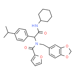 ChemSpider 2D Image | N-(1,3-Benzodioxol-5-ylmethyl)-N-[2-(cyclohexylamino)-1-(4-isopropylphenyl)-2-oxoethyl]-2-furamide | C30H34N2O5