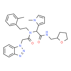 ChemSpider 2D Image | 2-(1H-Benzotriazol-1-yl)-N-[2-(2-methylphenyl)ethyl]-N-{1-(1-methyl-1H-pyrrol-2-yl)-2-oxo-2-[(tetrahydro-2-furanylmethyl)amino]ethyl}acetamide | C29H34N6O3