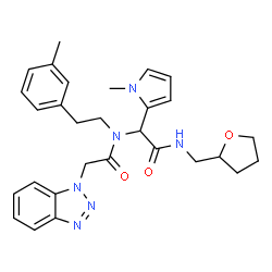 ChemSpider 2D Image | 2-(1H-Benzotriazol-1-yl)-N-[2-(3-methylphenyl)ethyl]-N-{1-(1-methyl-1H-pyrrol-2-yl)-2-oxo-2-[(tetrahydro-2-furanylmethyl)amino]ethyl}acetamide | C29H34N6O3