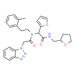 ChemSpider 2D Image | 2-(1H-Benzotriazol-1-yl)-N-{1-(2-furyl)-2-oxo-2-[(tetrahydro-2-furanylmethyl)amino]ethyl}-N-[2-(2-methylphenyl)ethyl]acetamide | C28H31N5O4