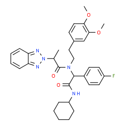 ChemSpider 2D Image | 2-(2H-Benzotriazol-2-yl)-N-[2-(cyclohexylamino)-1-(4-fluorophenyl)-2-oxoethyl]-N-[2-(3,4-dimethoxyphenyl)ethyl]propanamide | C33H38FN5O4